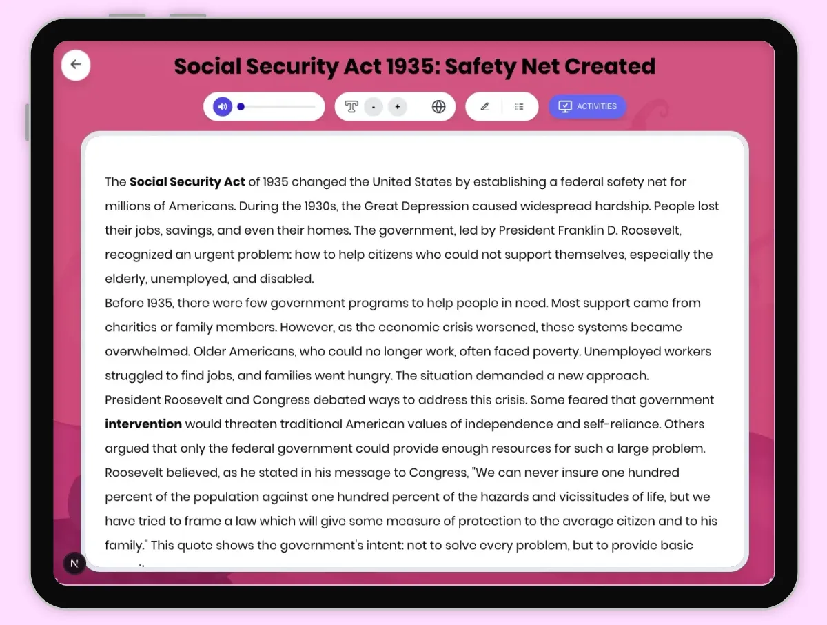 Interactive — Reading Comprehension preview: Social Security Act 1935: Safety Net Created covering D2.HIS.2.3-5, D2.HIS.3.3-5, RI.4.3, RI.4.4, W.4.2 standards - Page 1 of 1