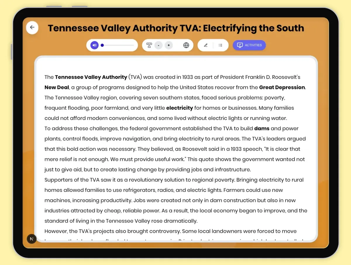 Interactive — Reading Comprehension preview: Tennessee Valley Authority TVA: Electrifying the South covering D2.HIS.2.3-5, D2.HIS.3.3-5, RI.4.3, RI.4.4, W.4.2 standards - Page 1 of 1