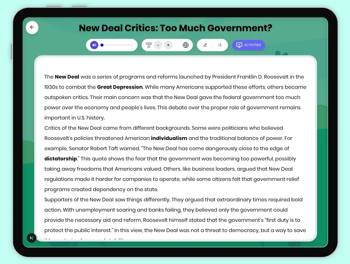 Interactive — Reading Comprehension preview: New Deal Critics: Too Much Government? covering D2.HIS.2.3-5, D2.HIS.3.3-5, RI.4.3, RI.4.4, W.4.2 standards - Page 1 of 1