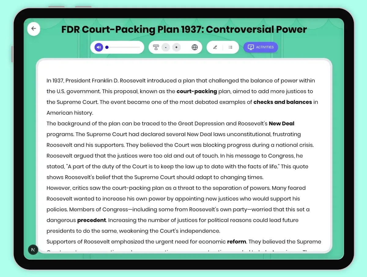 Interactive — Reading Comprehension preview: FDR Court-Packing Plan 1937: Controversial Power covering D2.HIS.2.3-5, D2.HIS.3.3-5, RI.4.3, RI.4.4, W.4.2 standards - Page 1 of 1