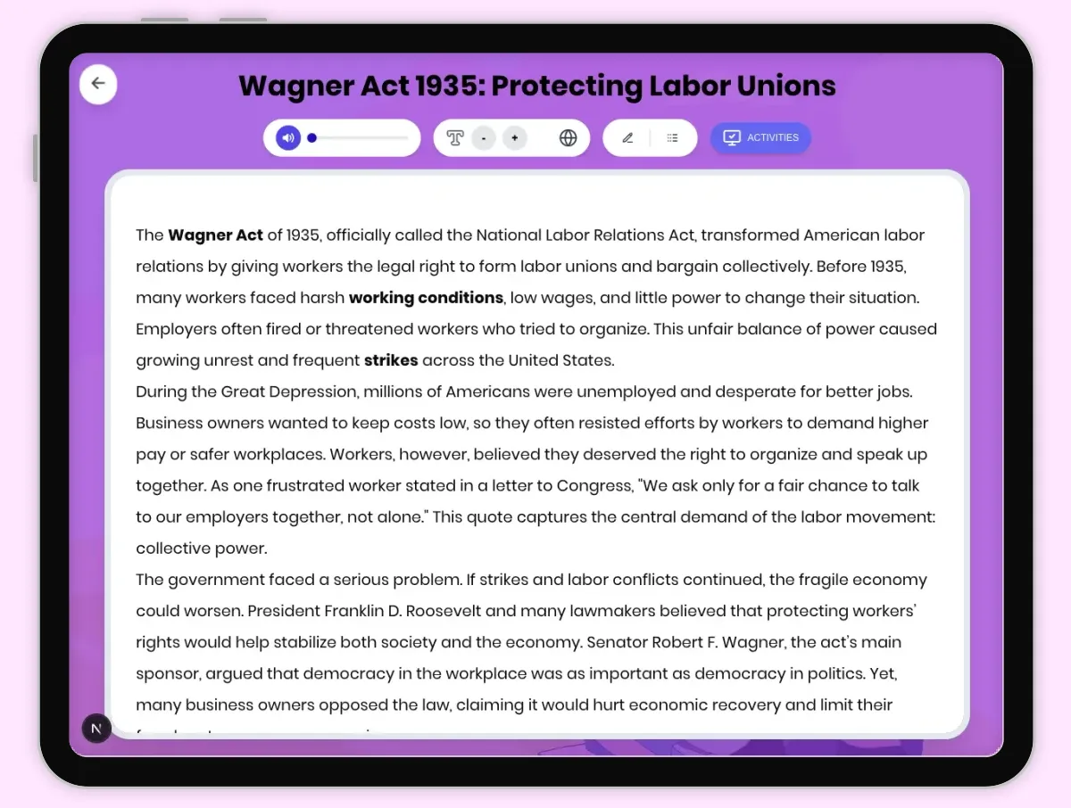 Interactive — Reading Comprehension preview: Wagner Act 1935: Protecting Labor Unions covering D2.HIS.2.3-5, D2.HIS.3.3-5, RI.4.3, RI.4.4, W.4.2 standards - Page 1 of 1