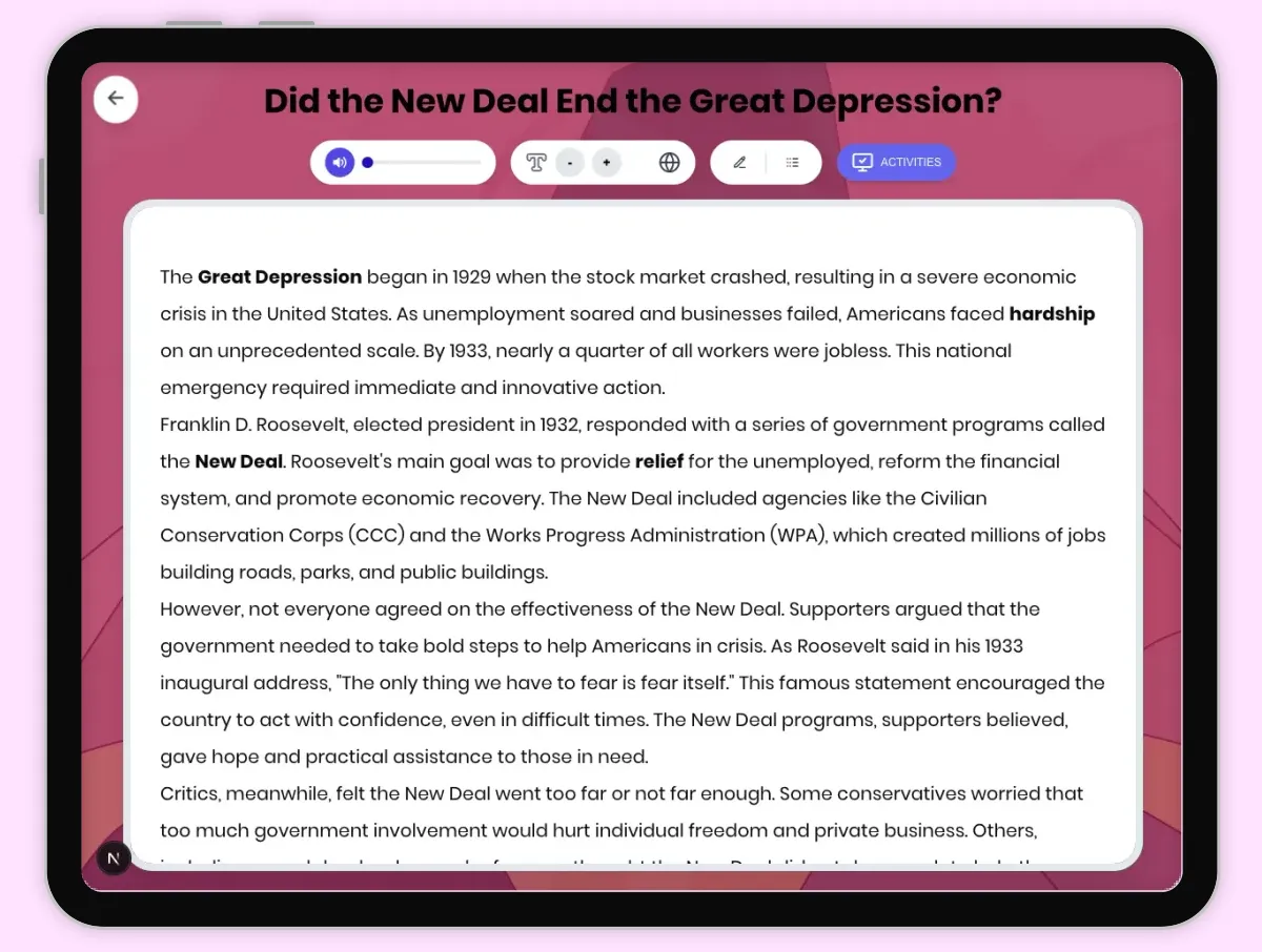 Interactive — Reading Comprehension preview: Did New Deal End Great Depression? covering D2.HIS.2.3-5, D2.HIS.3.3-5, RI.4.3, RI.4.4, W.4.2 standards - Page 1 of 1