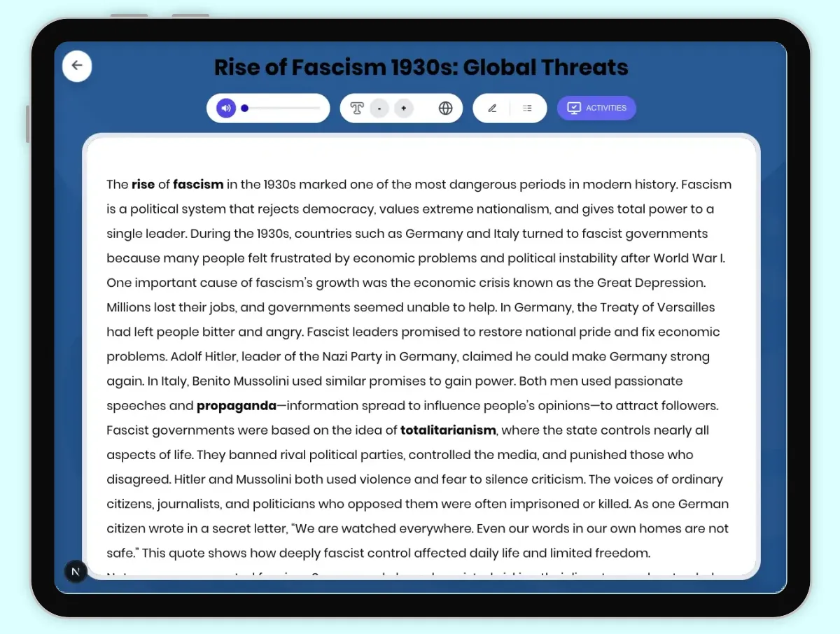 Interactive — Reading Comprehension preview: Rise of Fascism 1930s: Global Threats covering D2.HIS.2.3-5, D2.HIS.3.3-5, RI.4.3, RI.4.4, W.4.2 standards - Page 1 of 1