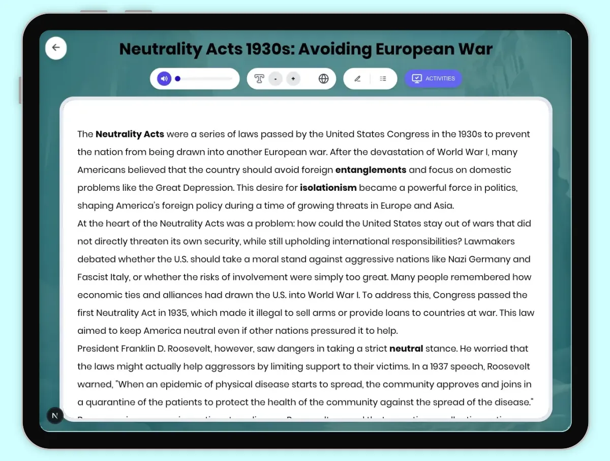 Interactive — Reading Comprehension preview: Neutrality Acts 1930s: Avoiding European War covering D2.HIS.2.3-5, D2.HIS.3.3-5, RI.4.3, RI.4.4, W.4.2 standards - Page 1 of 1