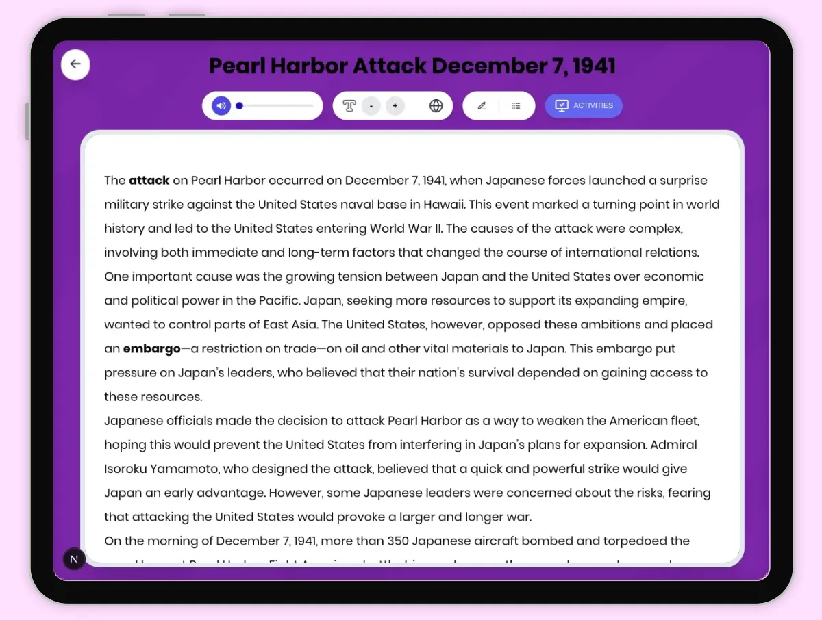 Interactive — Reading Comprehension preview: Pearl Harbor Attack December 7 1941 covering D2.HIS.2.3-5, D2.HIS.3.3-5, RI.4.3, RI.4.4, W.4.2 standards - Page 1 of 1