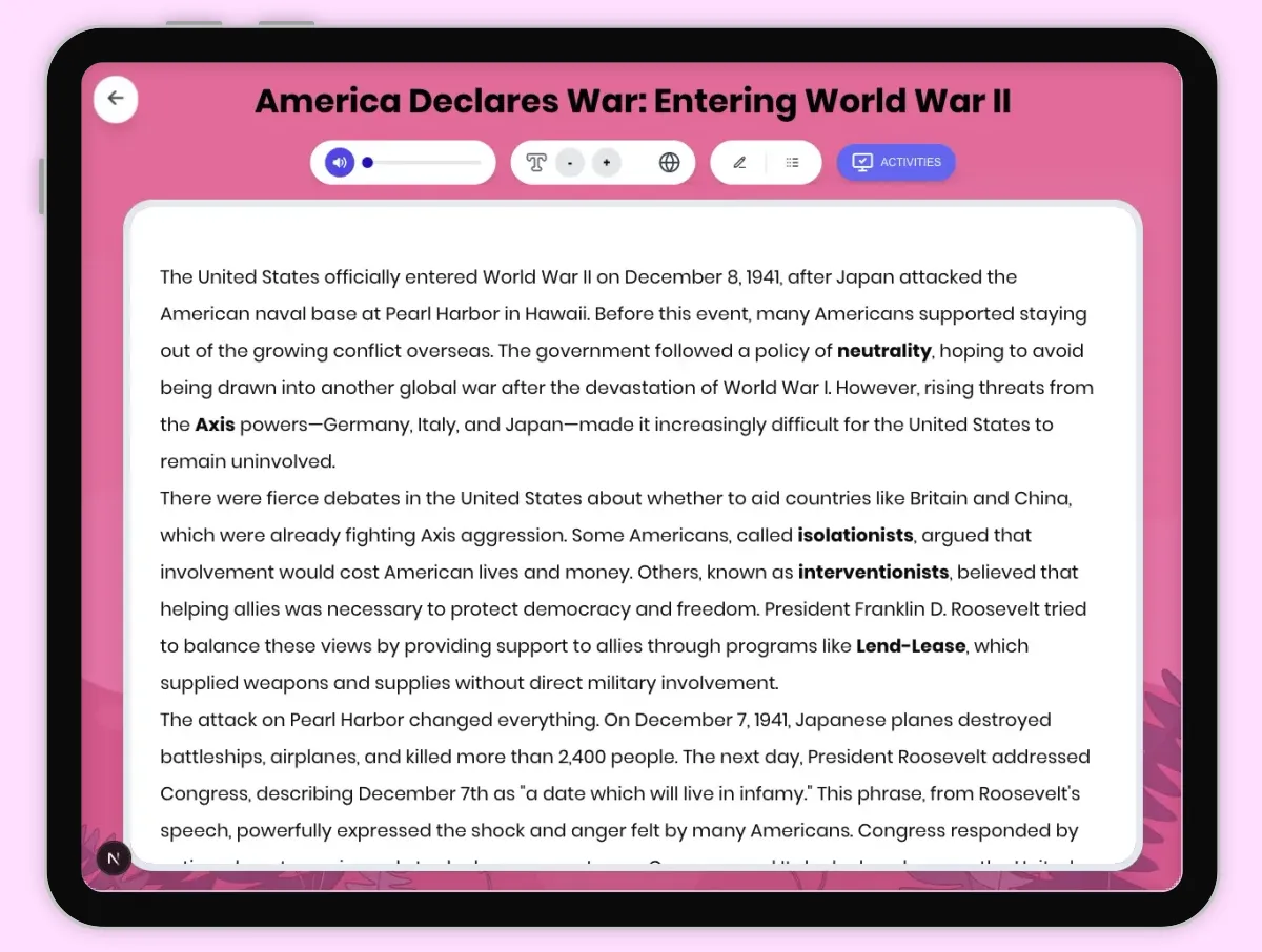 Interactive — Reading Comprehension preview: America Declares War: Entering World War II covering D2.HIS.2.3-5, D2.HIS.3.3-5, RI.4.3, RI.4.4, W.4.2 standards - Page 1 of 1