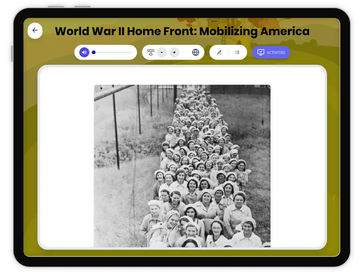 Interactive — Reading Comprehension preview: World War II Home Front covering D2.HIS.2.3-5, D2.HIS.3.3-5, RI.6.3, RI.6.4, W.6.2 standards - Page 1 of 1