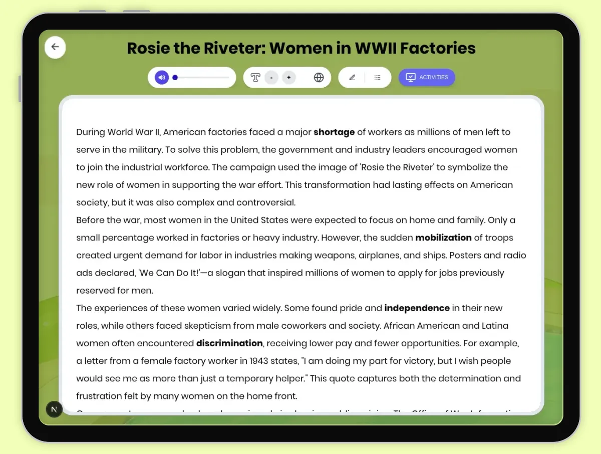 Interactive — Reading Comprehension preview: Rosie the Riveter: Women in WWII Factories covering D2.HIS.2.3-5, D2.HIS.3.3-5, RI.4.3, RI.4.4, W.4.2 standards - Page 1 of 1