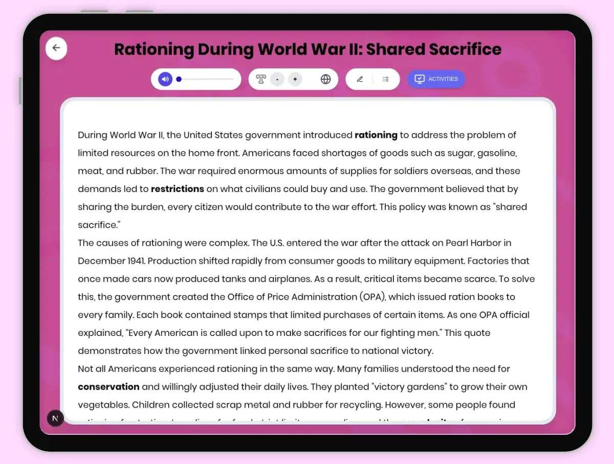 Interactive — Reading Comprehension preview: Rationing During World War II: Shared Sacrifice covering D2.HIS.2.3-5, D2.HIS.3.3-5, RI.4.3, RI.4.4, W.4.2 standards - Page 1 of 1