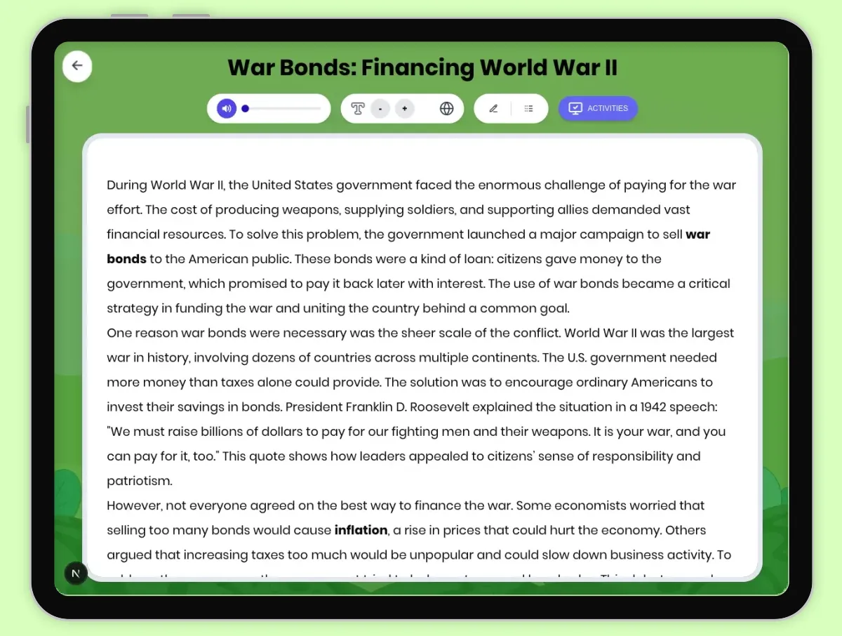 Interactive — Reading Comprehension preview: War Bonds: Financing World War II covering D2.HIS.2.3-5, D2.HIS.3.3-5, RI.4.3, RI.4.4, W.4.2 standards - Page 1 of 1