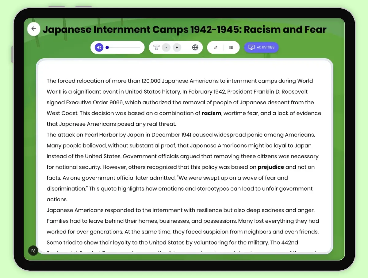 Interactive — Reading Comprehension preview: Japanese Internment Camps 1942-1945: Racism Fear covering D2.HIS.2.3-5, D2.HIS.3.3-5, RI.4.3, RI.4.4, W.4.2 standards - Page 1 of 1