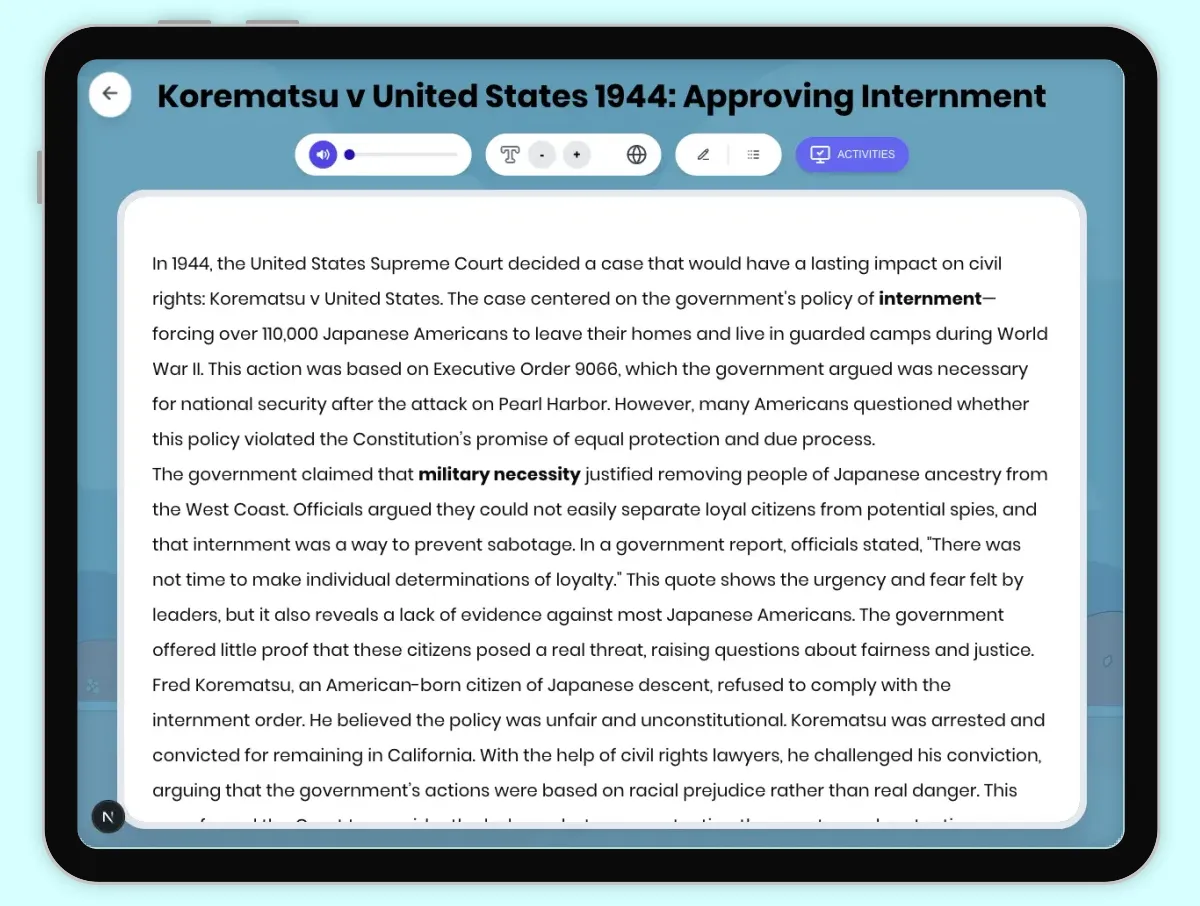 Interactive — Reading Comprehension preview: Korematsu v United States 1944: Approving Internment covering D2.HIS.2.3-5, D2.HIS.3.3-5, RI.4.3, RI.4.4, W.4.2 standards - Page 1 of 1