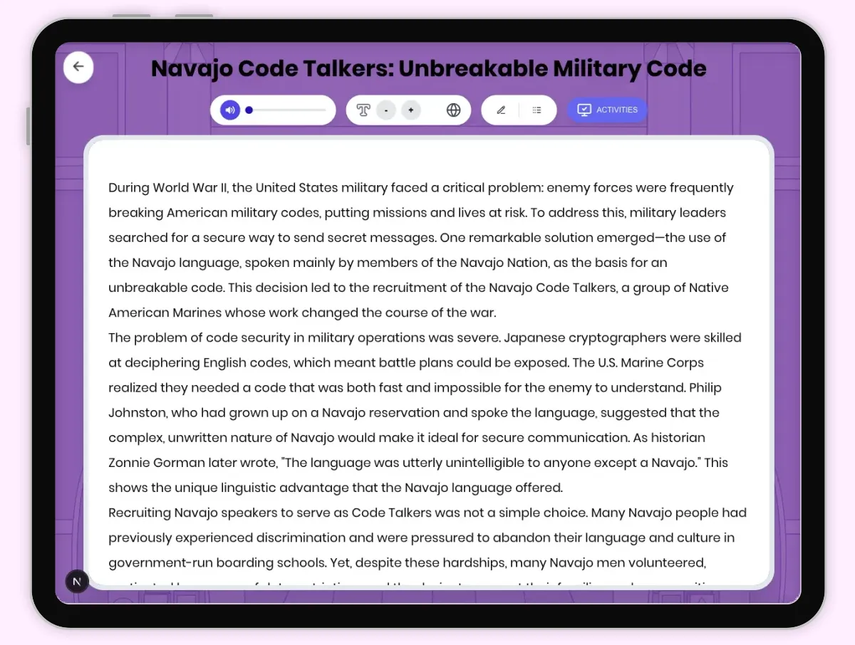 Interactive — Reading Comprehension preview: Navajo Code Talkers: Unbreakable Military Code covering D2.HIS.2.3-5, D2.HIS.3.3-5, RI.4.3, RI.4.4, W.4.2 standards - Page 1 of 1