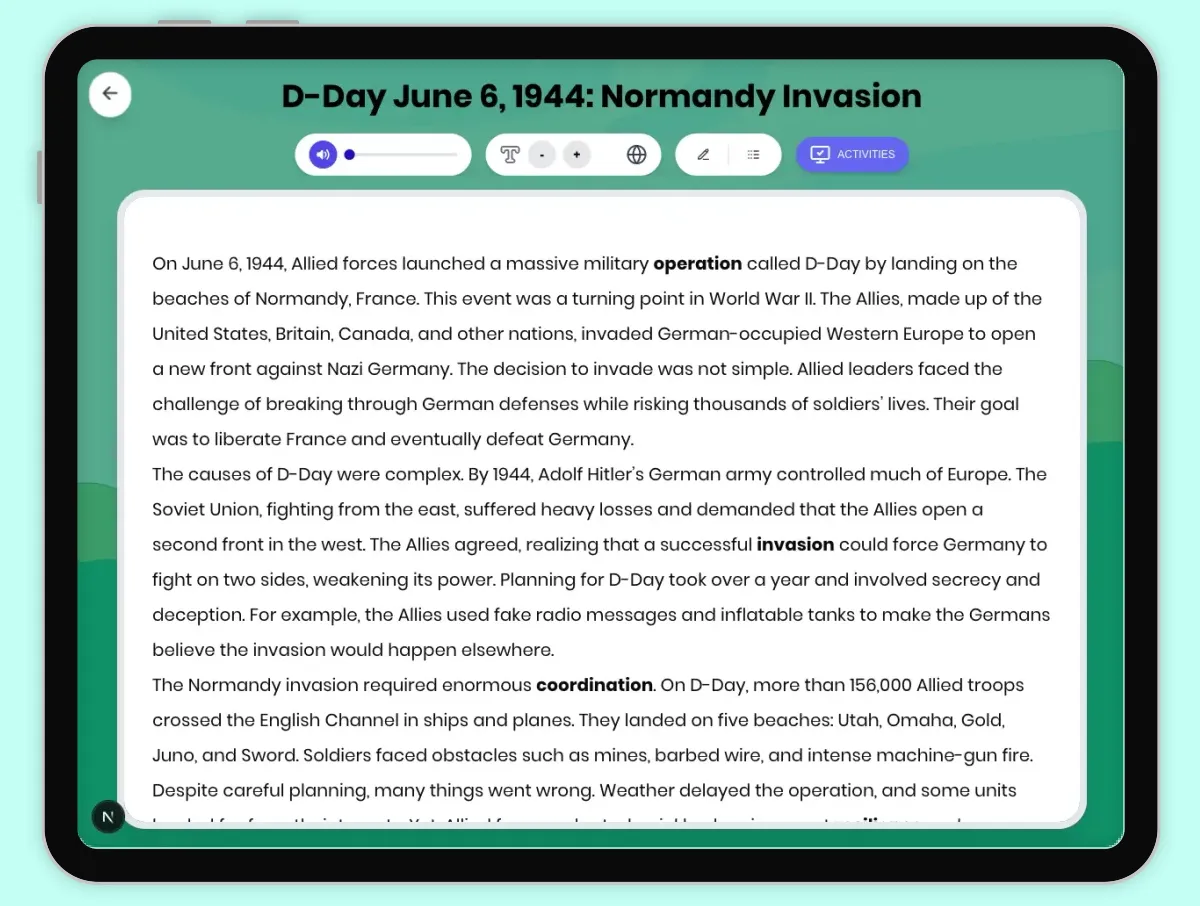 Interactive — Reading Comprehension preview: D-Day June 6 1944: Normandy Invasion covering D2.HIS.2.3-5, D2.HIS.3.3-5, RI.4.3, RI.4.4, W.4.2 standards - Page 1 of 1