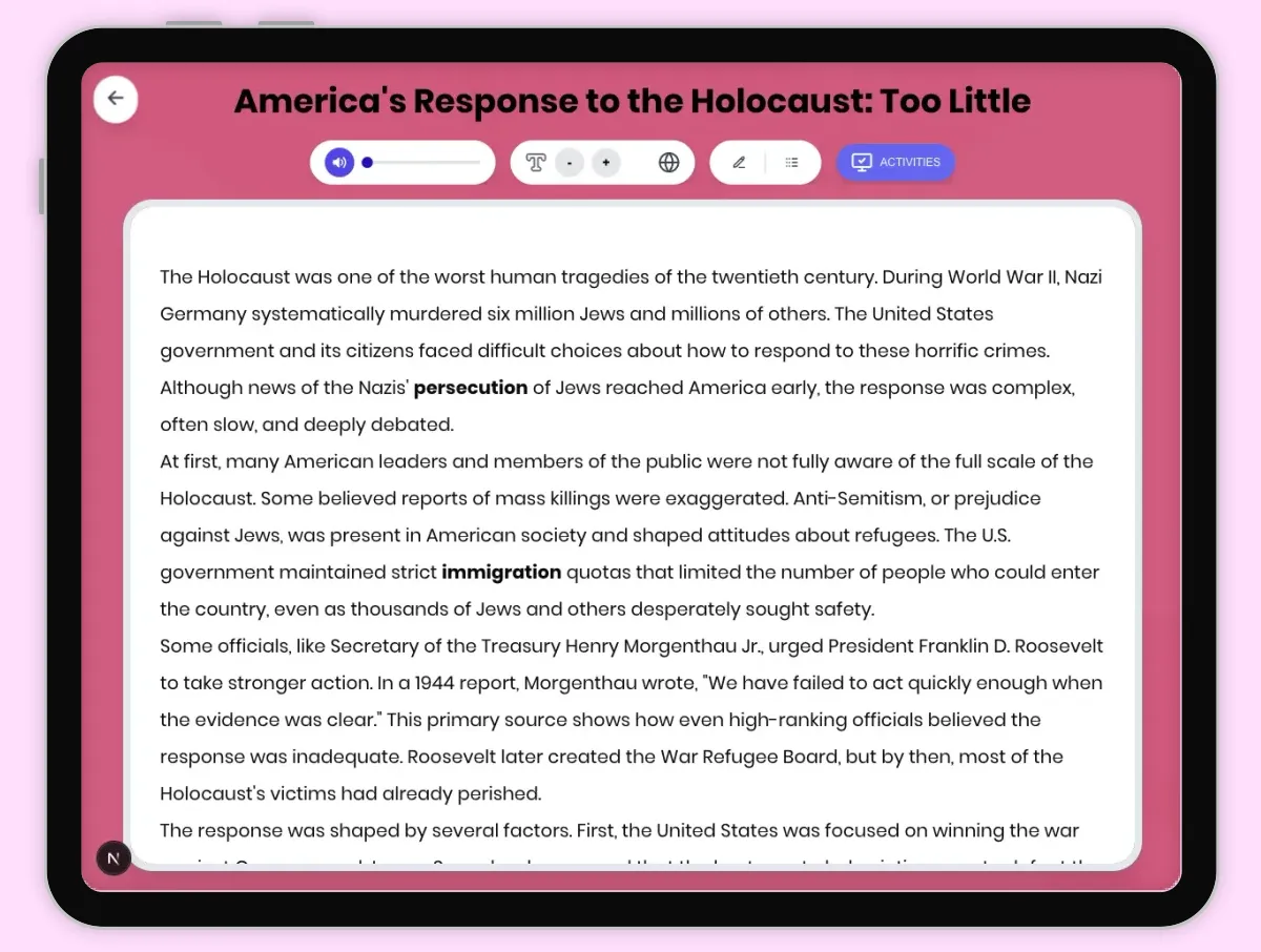 Interactive — Reading Comprehension preview: America's Response to Holocaust: Too Little covering D2.HIS.2.3-5, D2.HIS.3.3-5, RI.4.3, RI.4.4, W.4.2 standards - Page 1 of 1