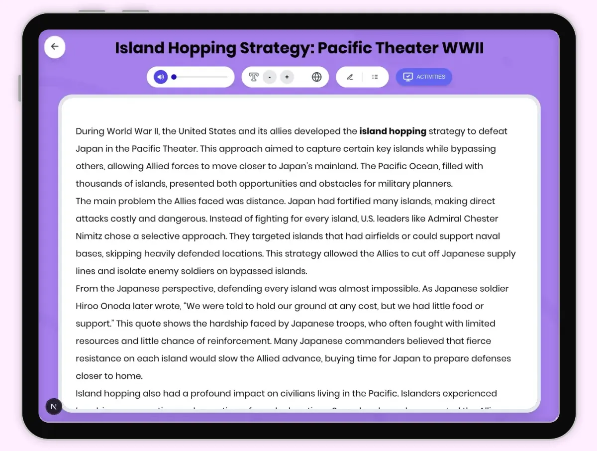 Interactive — Reading Comprehension preview: Island Hopping Strategy: Pacific Theater WWII covering D2.HIS.2.3-5, D2.HIS.3.3-5, RI.4.3, RI.4.4, W.4.2 standards - Page 1 of 1