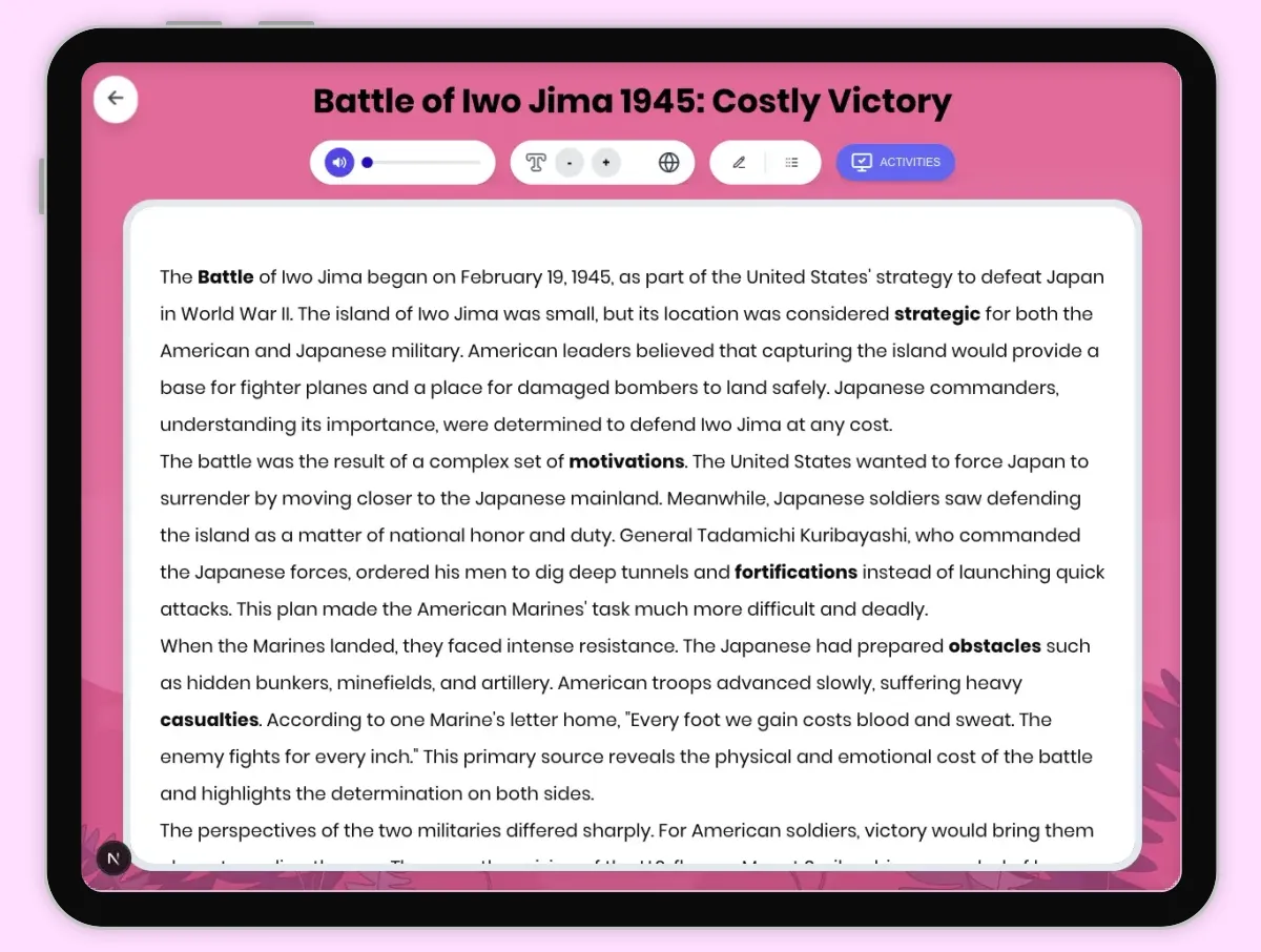 Interactive — Reading Comprehension preview: Battle of Iwo Jima 1945: Costly Victory covering D2.HIS.2.3-5, D2.HIS.3.3-5, RI.4.3, RI.4.4, W.4.2 standards - Page 1 of 1