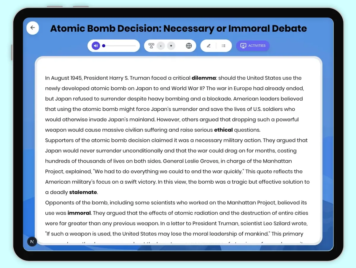 Interactive — Reading Comprehension preview: Atomic Bomb Decision: Necessary or Immoral Debate covering D2.HIS.2.3-5, D2.HIS.3.3-5, RI.4.3, RI.4.4, W.4.2 standards - Page 1 of 1