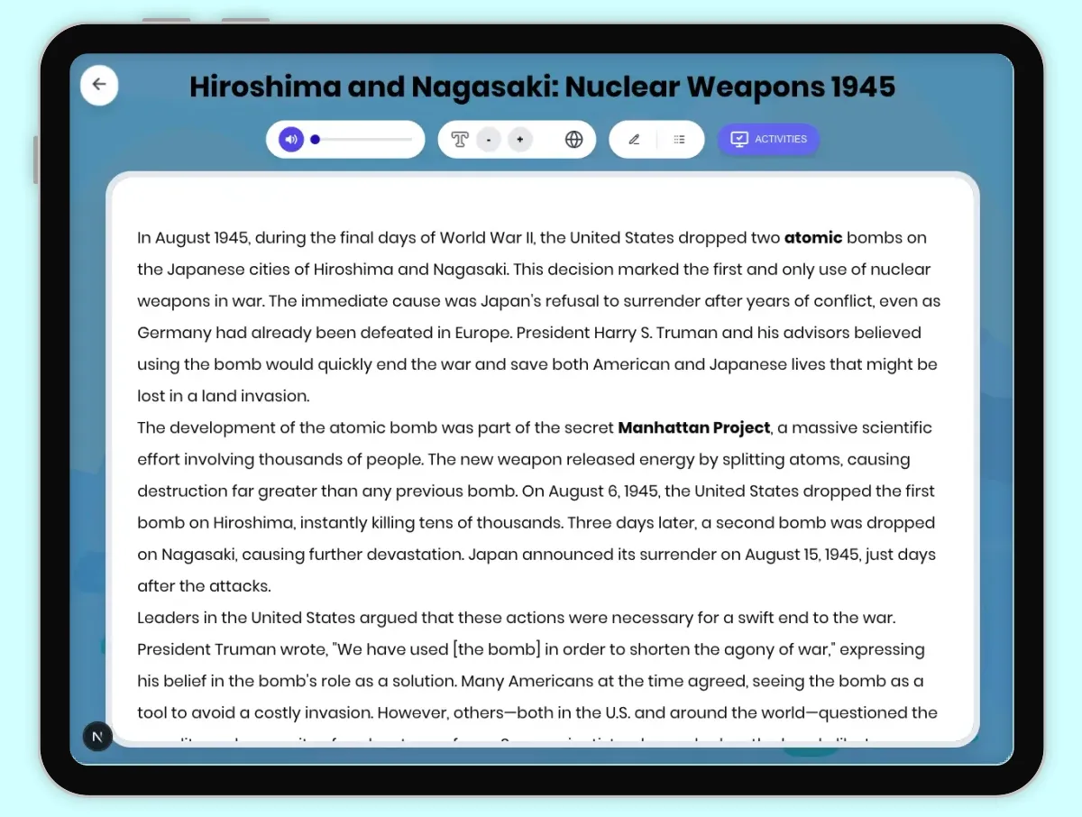 Interactive — Reading Comprehension preview: Hiroshima and Nagasaki: Nuclear Weapons 1945 covering D2.HIS.2.3-5, D2.HIS.3.3-5, RI.4.3, RI.4.4, W.4.2 standards - Page 1 of 1
