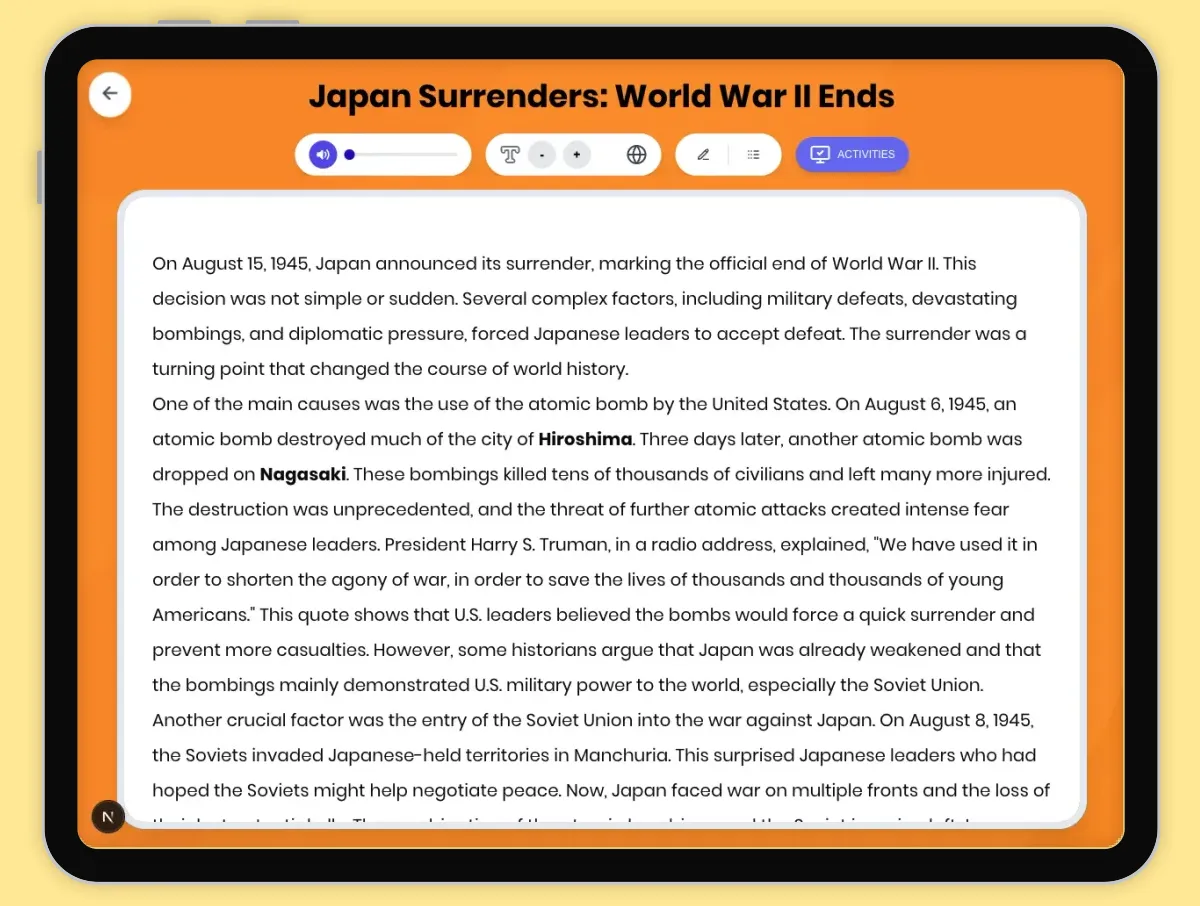 Interactive — Reading Comprehension preview: Japan Surrenders: World War II Ends covering D2.HIS.2.3-5, D2.HIS.3.3-5, RI.4.3, RI.4.4, W.4.2 standards - Page 1 of 1
