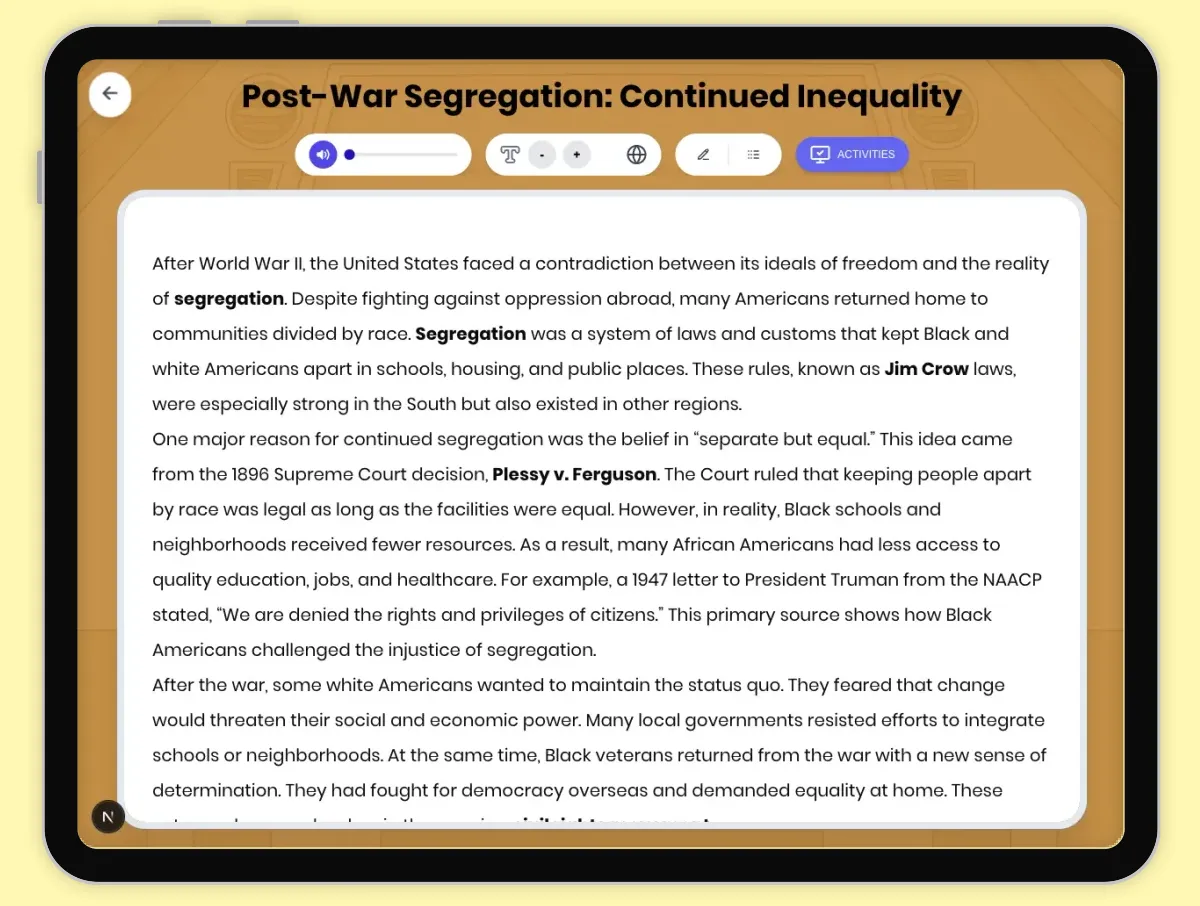 Interactive — Reading Comprehension preview: Post-War Segregation: Continued Inequality covering D2.HIS.2.3-5, D2.HIS.3.3-5, RI.4.3, RI.4.4, W.4.2 standards - Page 1 of 1