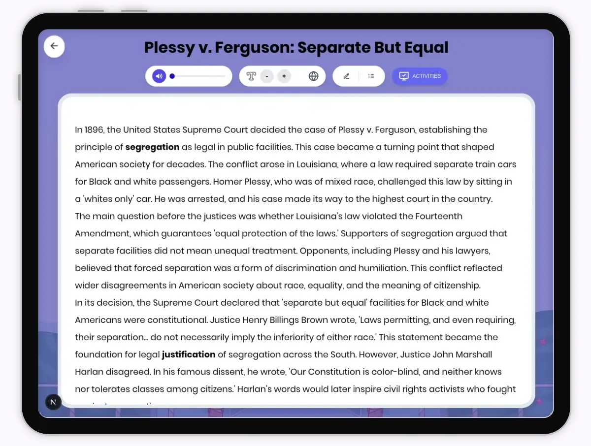 Interactive — Reading Comprehension preview: Plessy v. Ferguson: Separate But Equal covering D2.HIS.2.3-5, D2.HIS.3.3-5, RI.4.3, RI.4.4, W.4.2 standards - Page 1 of 1