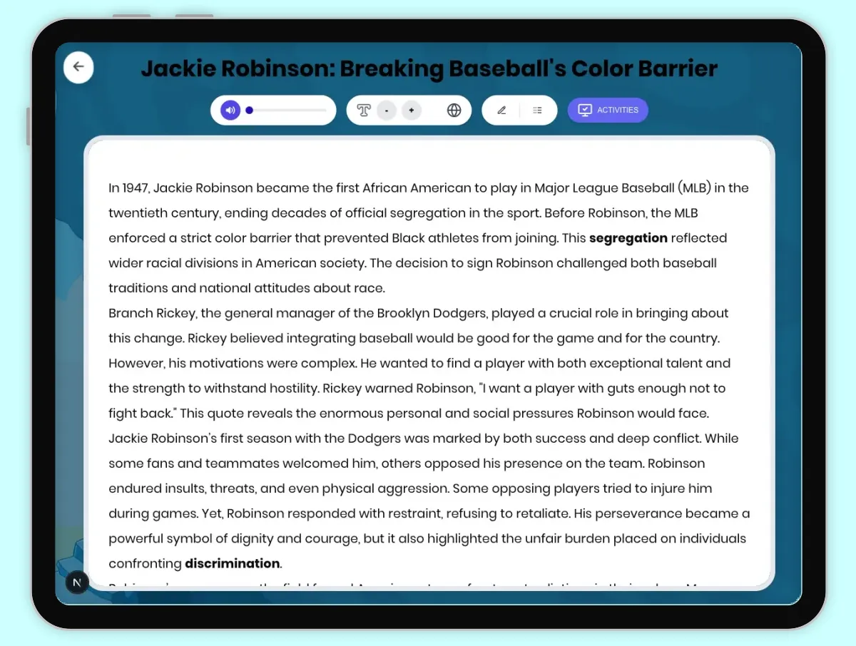 Interactive — Reading Comprehension preview: Jackie Robinson: Breaking Baseball's Color Barrier covering D2.HIS.2.3-5, D2.HIS.3.3-5, RI.4.3, RI.4.4, W.4.2 standards - Page 1 of 1