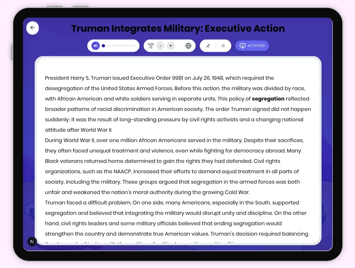 Interactive — Reading Comprehension preview: Truman Integrates Military: Executive Action covering D2.HIS.2.3-5, D2.HIS.3.3-5, RI.4.3, RI.4.4, W.4.2 standards - Page 1 of 1