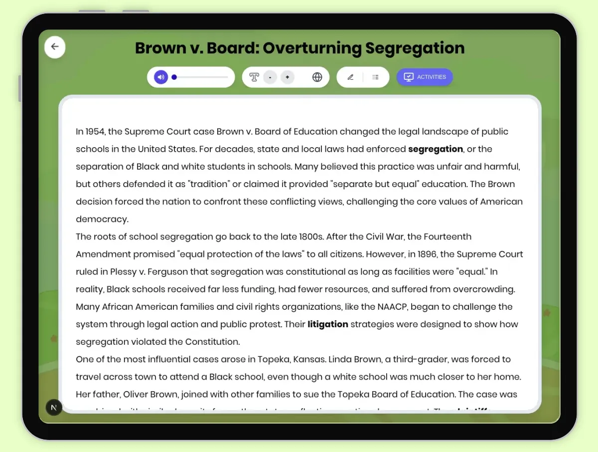 Interactive — Reading Comprehension preview: Brown v. Board: Overturning Segregation covering D2.HIS.2.3-5, D2.HIS.3.3-5, RI.4.3, RI.4.4, W.4.2 standards - Page 1 of 1