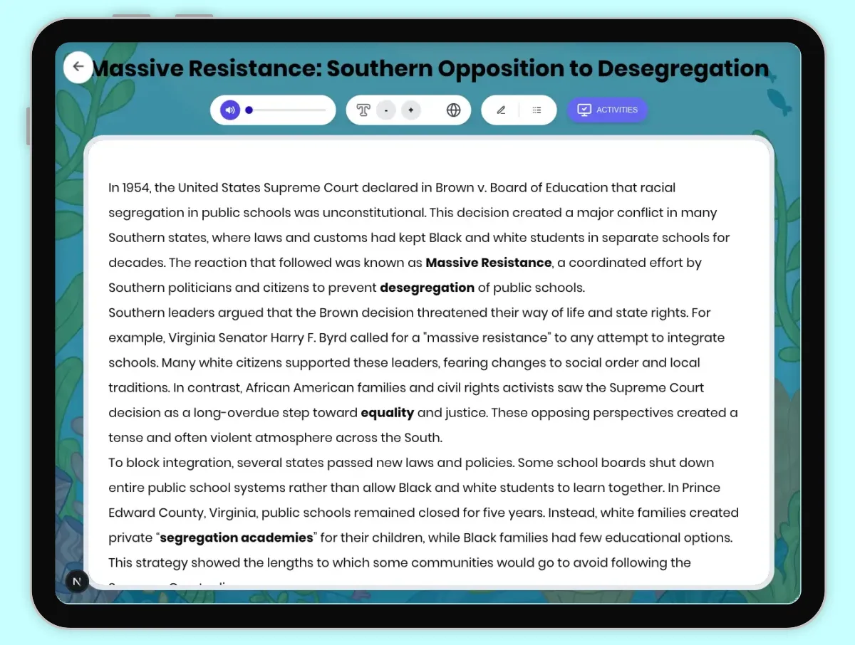 Interactive — Reading Comprehension preview: Massive Resistance: Southern Opposition to Desegregation covering D2.HIS.2.3-5, D2.HIS.3.3-5, RI.4.3, RI.4.4, W.4.2 standards - Page 1 of 1