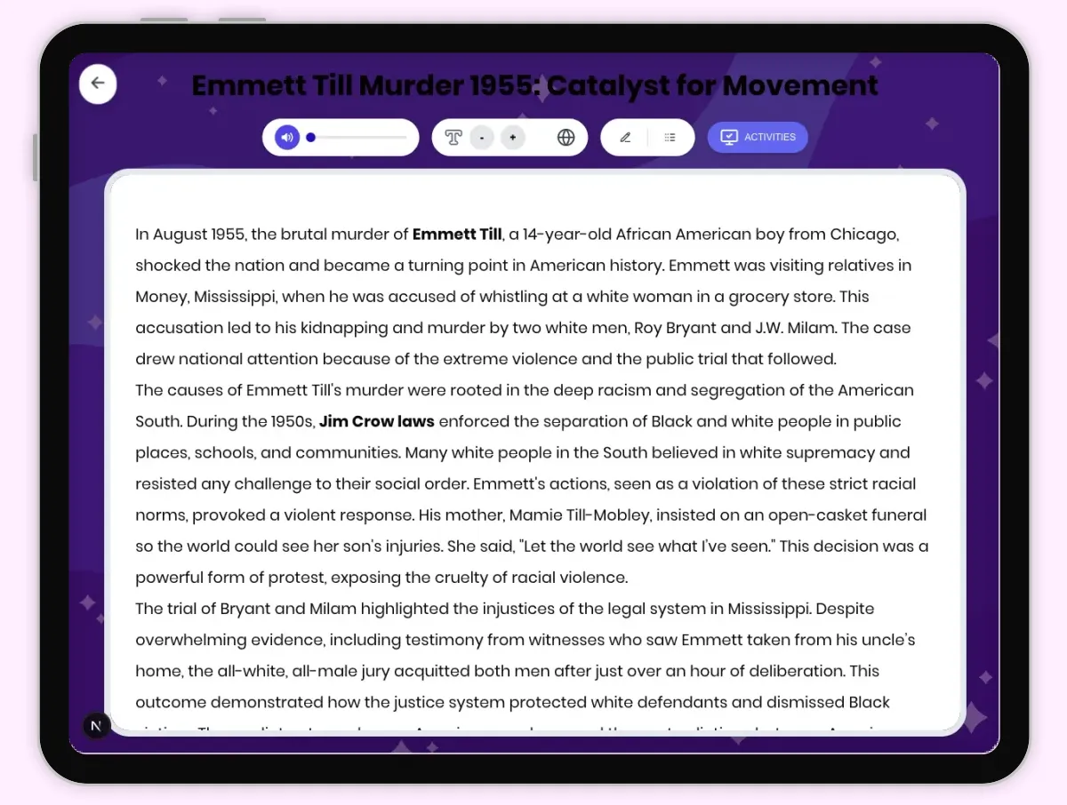 Interactive — Reading Comprehension preview: Emmett Till Murder 1955: Catalyst for Movement covering D2.HIS.2.3-5, D2.HIS.3.3-5, RI.4.3, RI.4.4, W.4.2 standards - Page 1 of 1