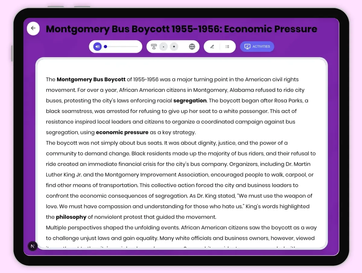 Interactive — Reading Comprehension preview: Montgomery Bus Boycott 1955-1956: Economic Pressure covering D2.HIS.2.3-5, D2.HIS.3.3-5, RI.4.3, RI.4.4, W.4.2 standards - Page 1 of 1