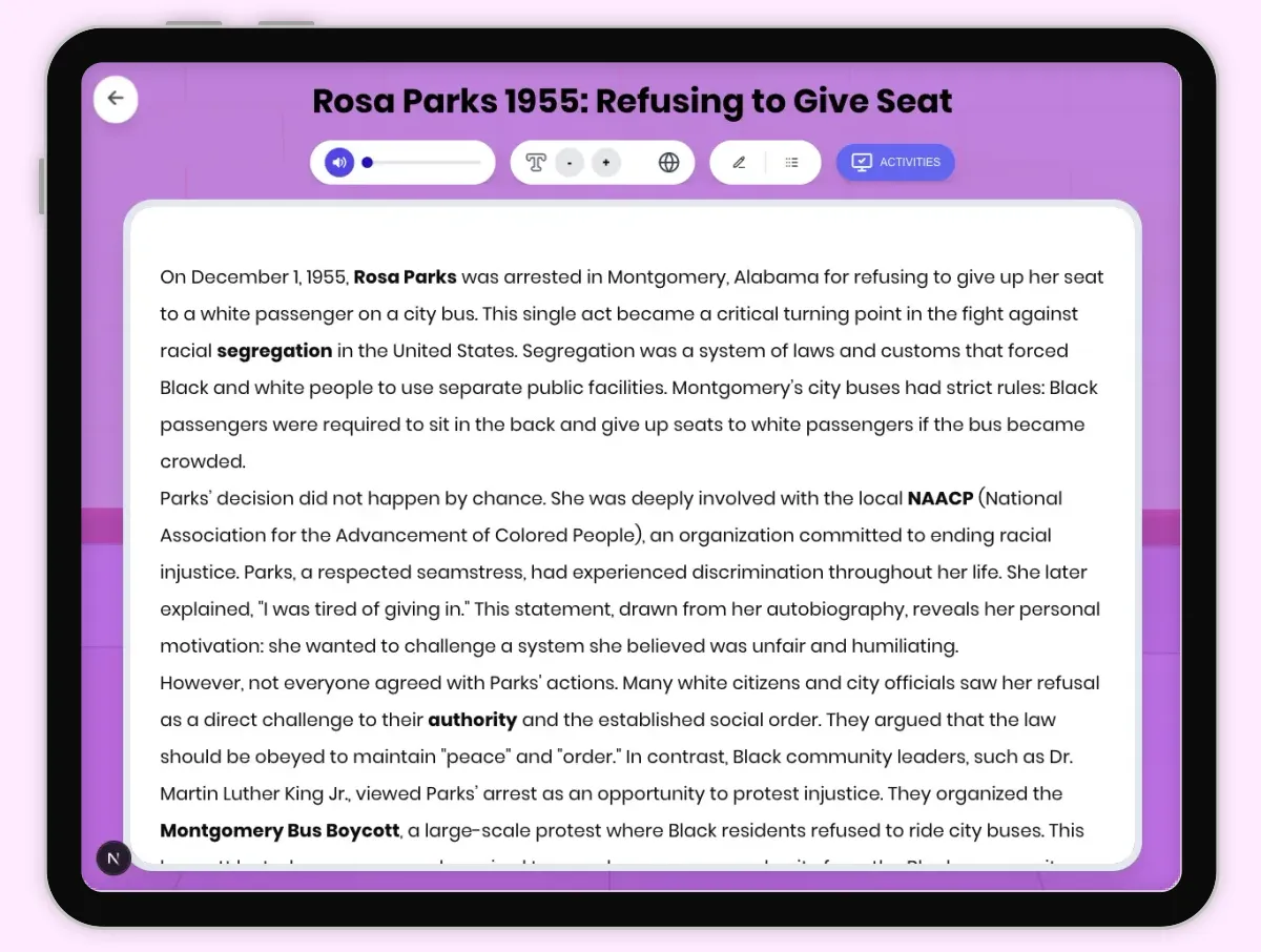 Interactive — Reading Comprehension preview: Rosa Parks 1955: Refusing to Give Seat covering D2.HIS.2.3-5, D2.HIS.3.3-5, RI.4.3, RI.4.4, W.4.2 standards - Page 1 of 1