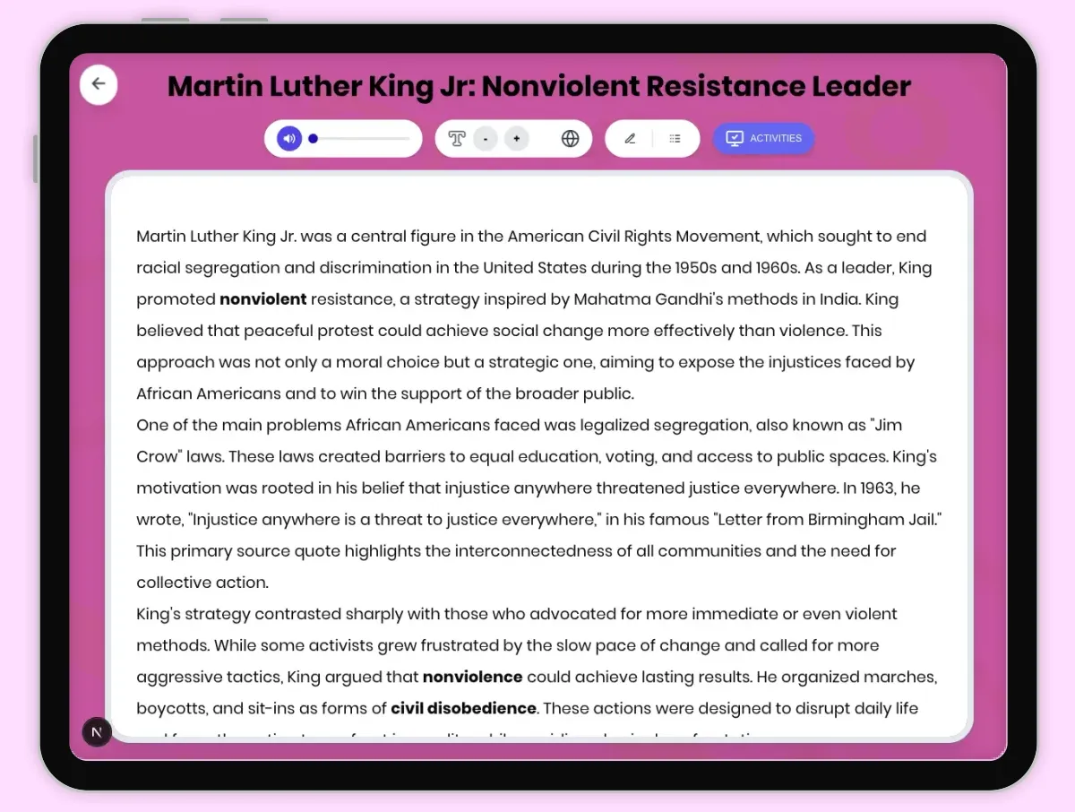 Interactive — Reading Comprehension preview: Martin Luther King Jr: Nonviolent Resistance Leader covering D2.HIS.2.3-5, D2.HIS.3.3-5, RI.4.3, RI.4.4, W.4.2 standards - Page 1 of 1