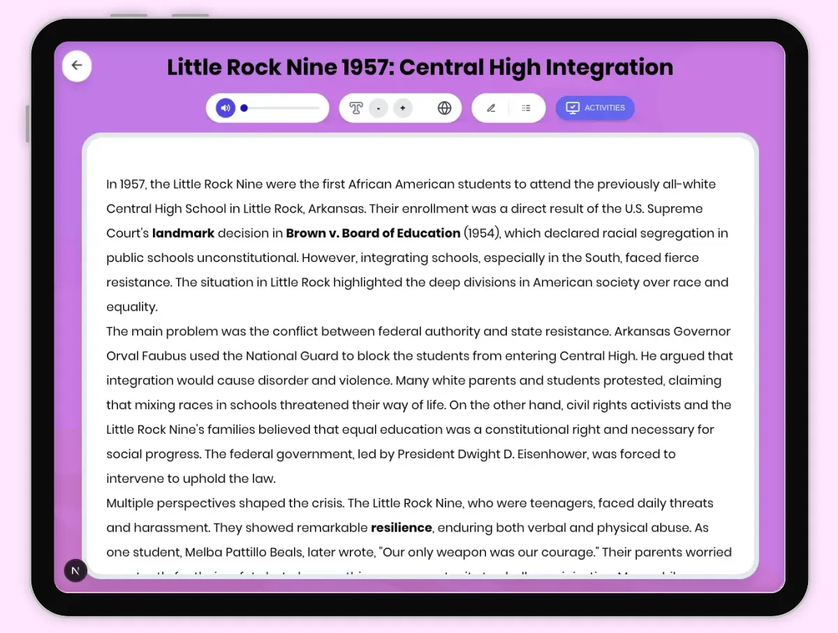 Interactive — Reading Comprehension preview: Little Rock Nine 1957: Central High Integration covering D2.HIS.2.3-5, D2.HIS.3.3-5, RI.4.3, RI.4.4, W.4.2 standards - Page 1 of 1