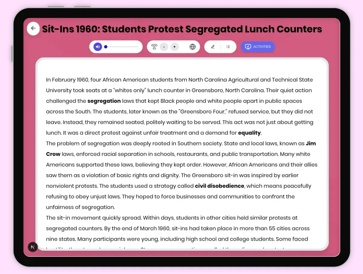 Interactive — Reading Comprehension preview: Sit-Ins 1960: Students Protest Segregated Lunch Counters covering D2.HIS.2.3-5, D2.HIS.3.3-5, RI.4.3, RI.4.4, W.4.2 standards - Page 1 of 1
