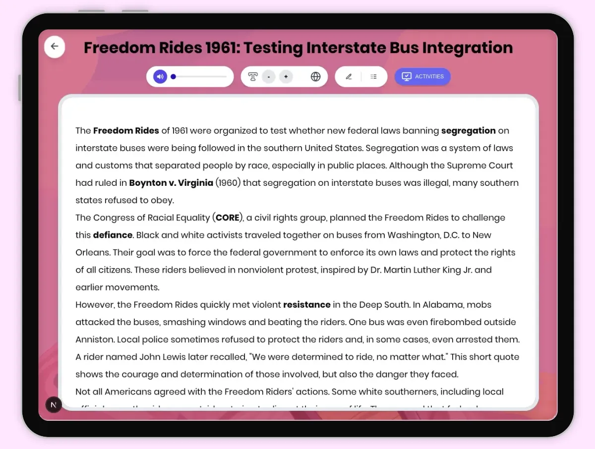 Interactive — Reading Comprehension preview: Freedom Rides 1961: Testing Interstate Bus Integration covering D2.HIS.2.3-5, D2.HIS.3.3-5, RI.4.3, RI.4.4, W.4.2 standards - Page 1 of 1