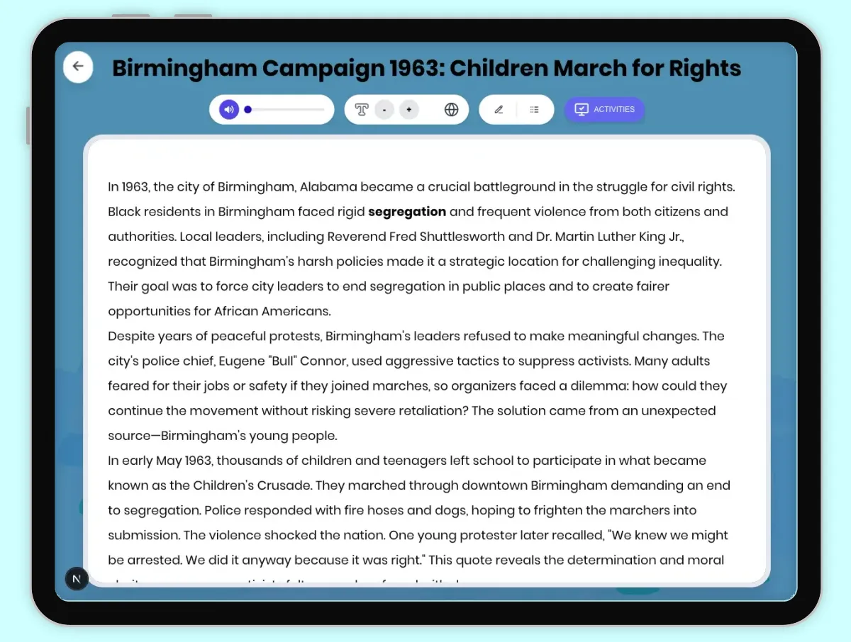 Interactive — Reading Comprehension preview: Birmingham Campaign 1963: Children March for Rights covering D2.HIS.2.3-5, D2.HIS.3.3-5, RI.4.3, RI.4.4, W.4.2 standards - Page 1 of 1