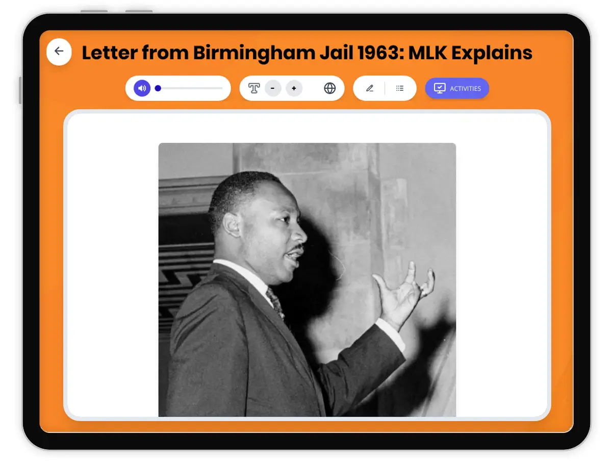 Interactive — Reading Comprehension preview: Letter from Birmingham Jail 1963 covering D2.HIS.2.3-5, D2.HIS.3.3-5, RI.6.3, RI.6.4, W.6.2 standards - Page 1 of 1