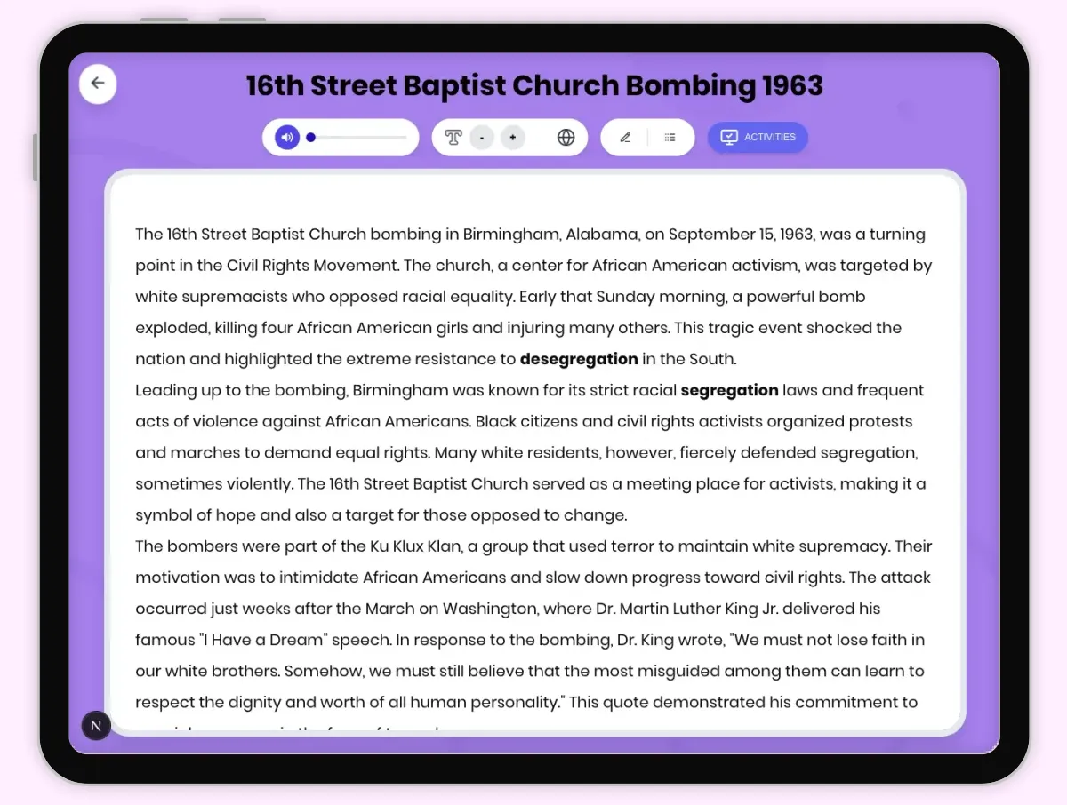 Interactive — Reading Comprehension preview: 16th Street Baptist Church Bombing 1963 covering D2.HIS.2.3-5, D2.HIS.3.3-5, RI.4.3, RI.4.4, W.4.2 standards - Page 1 of 1