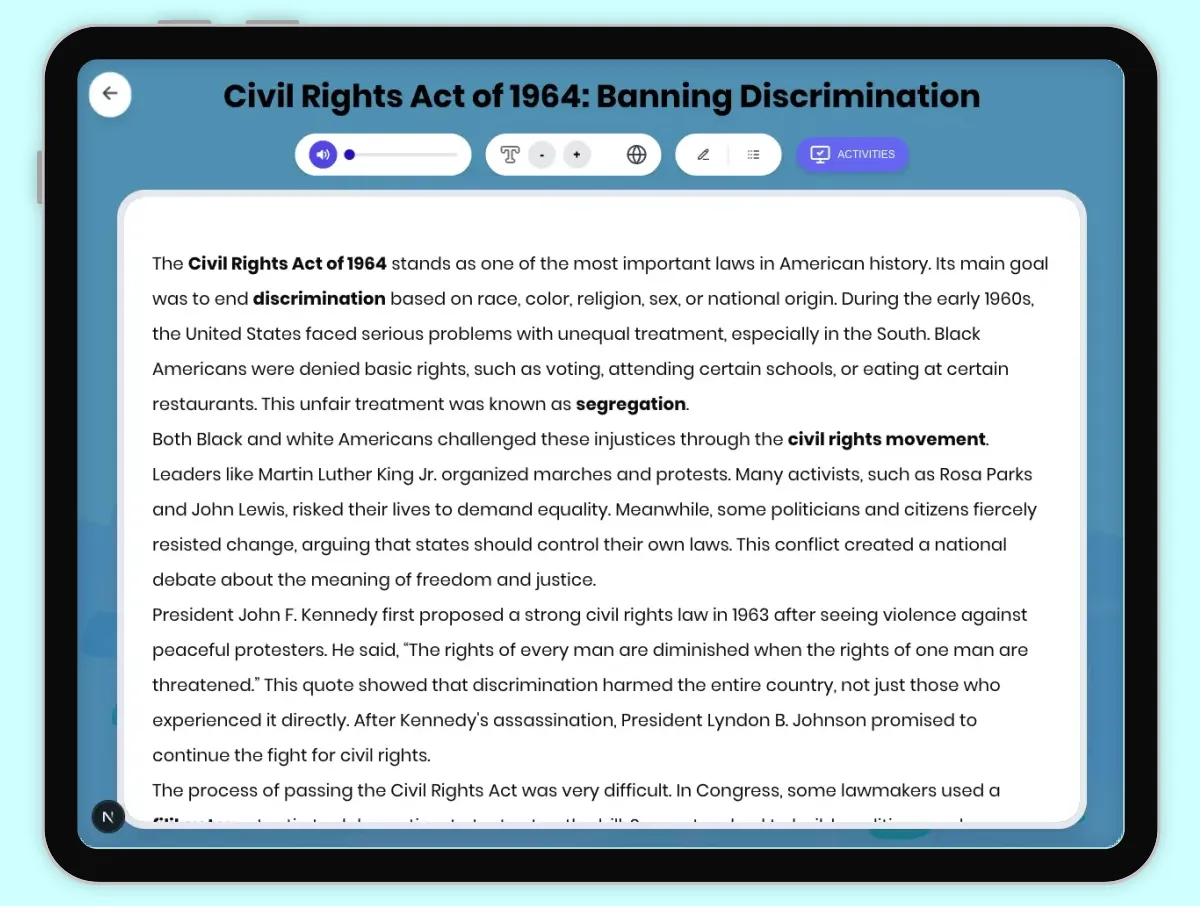 Interactive — Reading Comprehension preview: Civil Rights Act of 1964: Banning Discrimination covering D2.HIS.2.3-5, D2.HIS.3.3-5, RI.4.3, RI.4.4, W.4.2 standards - Page 1 of 1