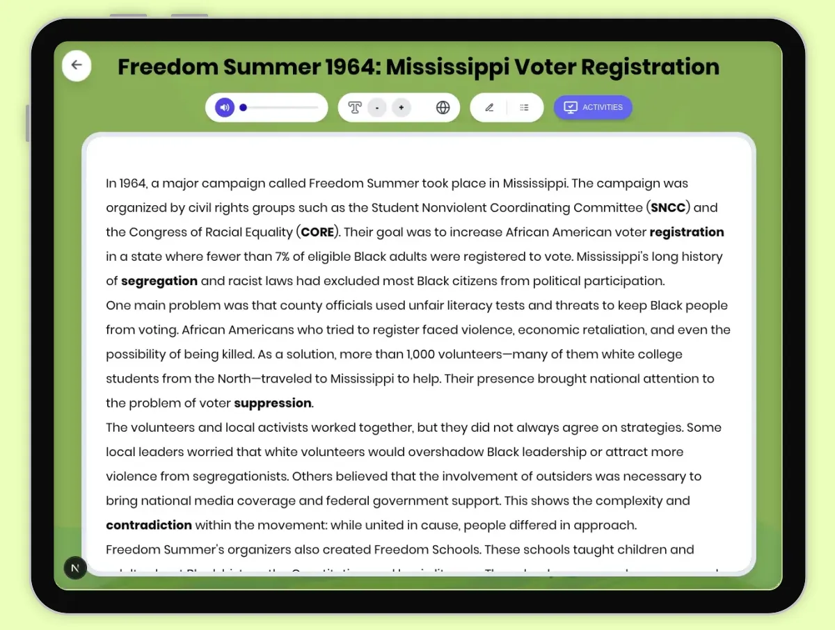 Interactive — Reading Comprehension preview: Freedom Summer 1964: Mississippi Voter Registration covering D2.HIS.2.3-5, D2.HIS.3.3-5, RI.4.3, RI.4.4, W.4.2 standards - Page 1 of 1