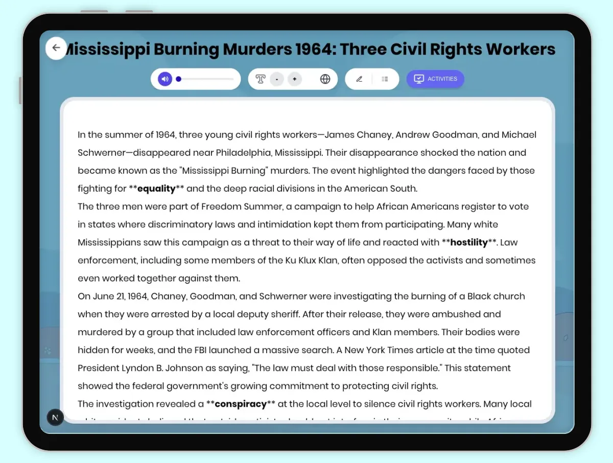 Interactive — Reading Comprehension preview: Mississippi Burning Murders 1964: Three Civil Rights covering D2.HIS.2.3-5, D2.HIS.3.3-5, RI.4.3, RI.4.4, W.4.2 standards - Page 1 of 1