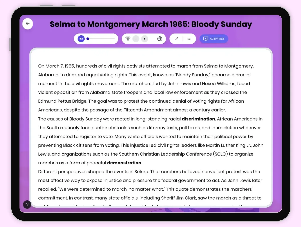 Interactive — Reading Comprehension preview: Selma to Montgomery March 1965: Bloody Sunday covering D2.HIS.2.3-5, D2.HIS.3.3-5, RI.4.3, RI.4.4, W.4.2 standards - Page 1 of 1
