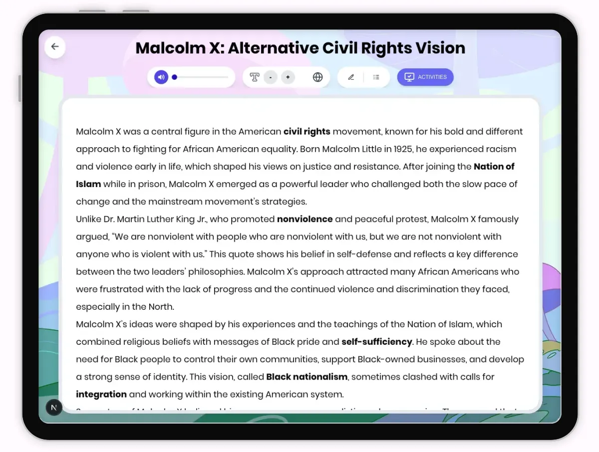 Interactive — Reading Comprehension preview: Malcolm X: Alternative Civil Rights Vision covering D2.HIS.2.3-5, D2.HIS.3.3-5, RI.4.3, RI.4.4, W.4.2 standards - Page 1 of 1