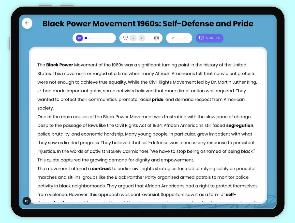 Interactive — Reading Comprehension preview: Black Power Movement 1960s: Self-Defense and Pride covering D2.HIS.2.3-5, D2.HIS.3.3-5, RI.4.3, RI.4.4, W.4.2 standards - Page 1 of 1