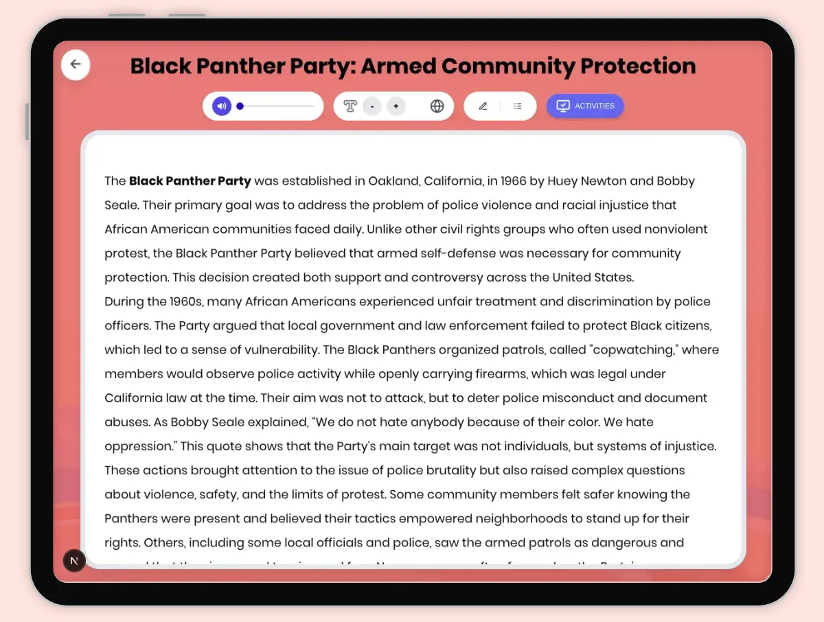 Interactive — Reading Comprehension preview: Black Panther Party: Armed Community Protection covering D2.HIS.2.3-5, D2.HIS.3.3-5, RI.4.3, RI.4.4, W.4.2 standards - Page 1 of 1