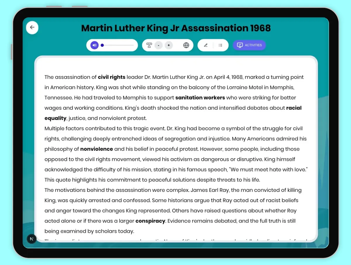 Interactive — Reading Comprehension preview: Martin Luther King Jr Assassination 1968 covering D2.HIS.2.3-5, D2.HIS.3.3-5, RI.4.3, RI.4.4, W.4.2 standards - Page 1 of 1