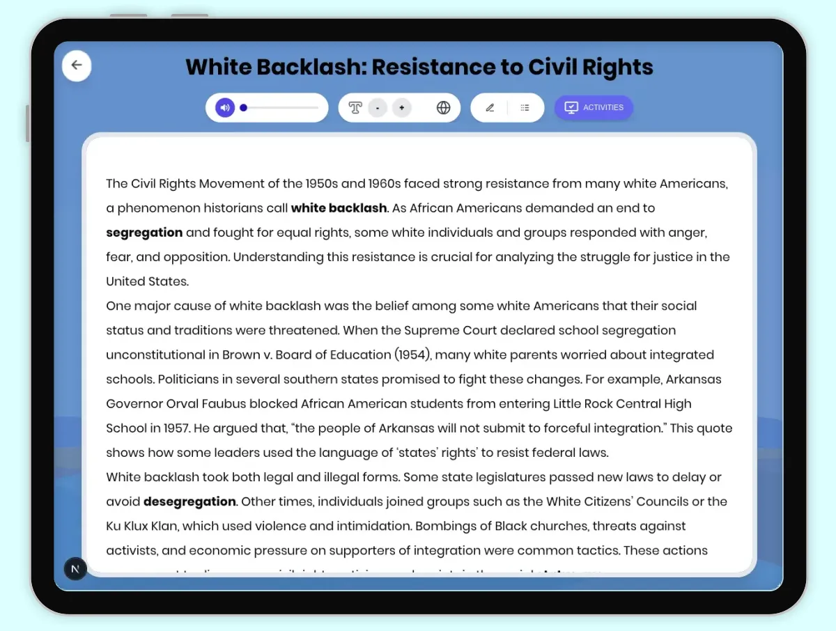 Interactive — Reading Comprehension preview: White Backlash: Resistance to Civil Rights covering D2.HIS.2.3-5, D2.HIS.3.3-5, RI.4.3, RI.4.4, W.4.2 standards - Page 1 of 1