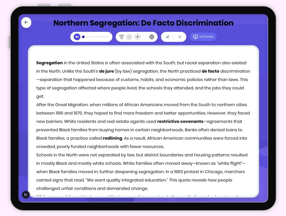 Interactive — Reading Comprehension preview: Northern Segregation: De Facto Discrimination covering D2.HIS.2.3-5, D2.HIS.3.3-5, RI.4.3, RI.4.4, W.4.2 standards - Page 1 of 1